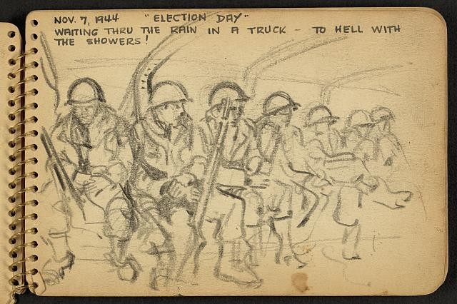 Photo:France 1944 American Soldiers in Truck Rain Election Day Sketch