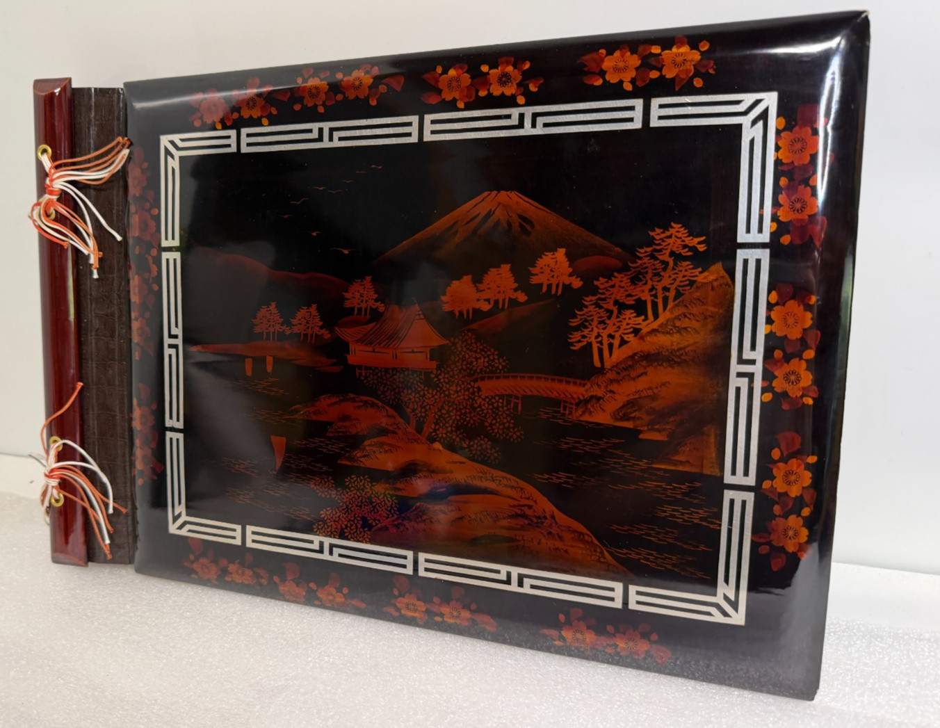 Vintage Red Wood Laquer Japan Scrapbook Photo Album Mt. Fuji