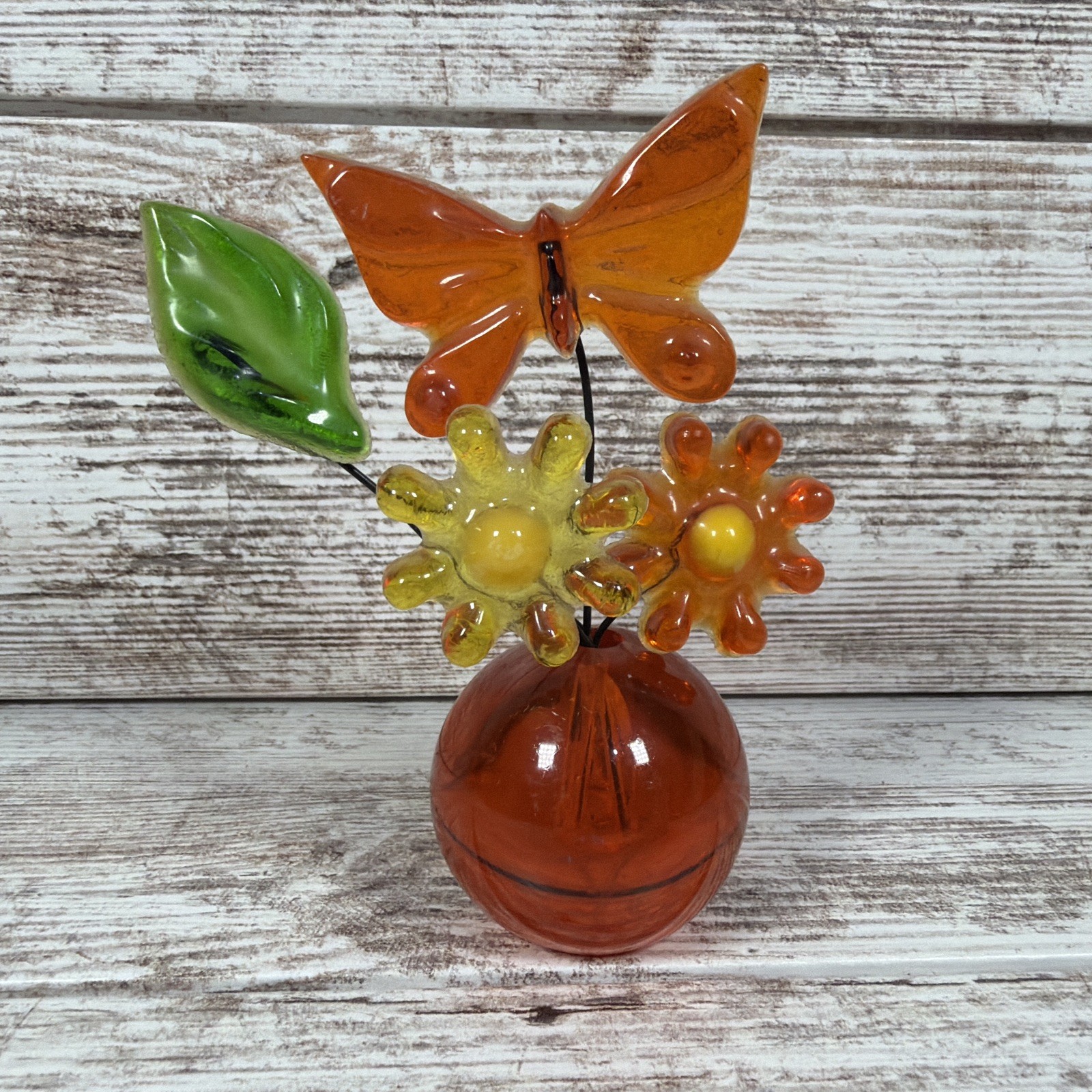 Vintage 1960s/70s Lucite Flowers & Butterfly on Wire Sculpture with Ball Base