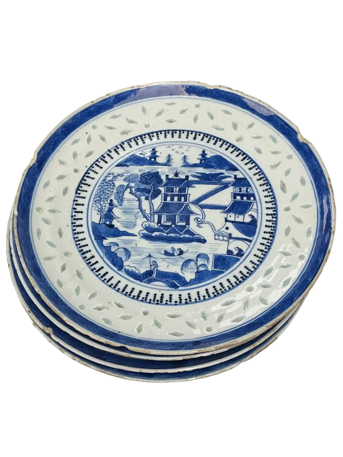 19th Century Chinese Blue and White Porcelain Landscape Plate Scene (set of 4)