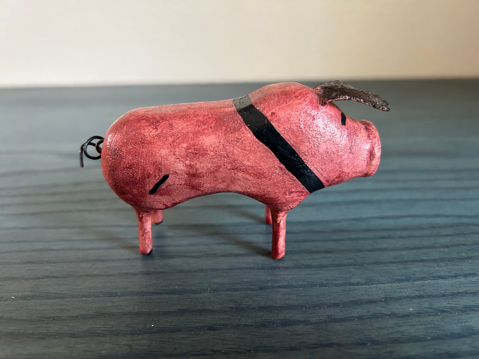 Vintage Hand-Carved Wooden Pig Figurine Folk Art Rustic Farmhouse Artisan