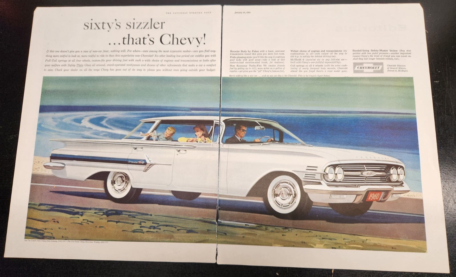 1960 Vintage Saturday Evening Post Chevrolet Impala Advertisement -2 Page Spread