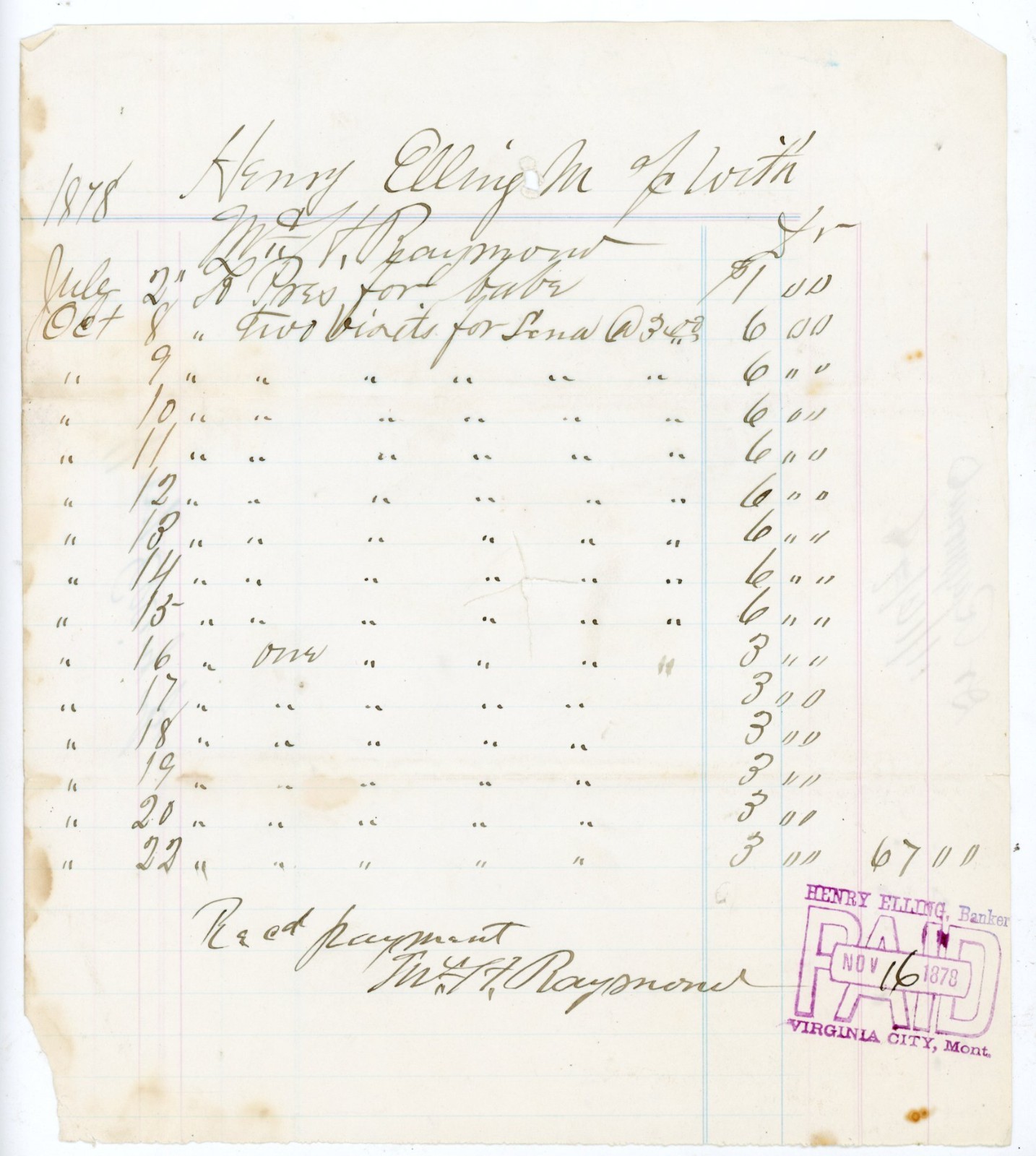 1878 Virginia City Montana Henry Elling Banker Receipt Ledger Dr Raymond Hay Oat