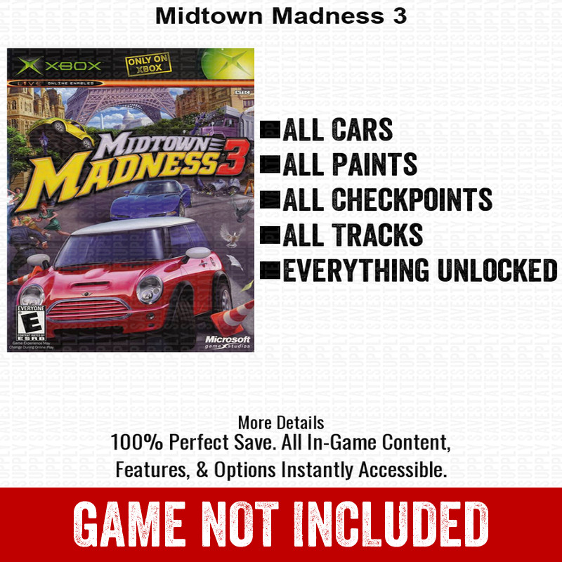 Midtown Madness 3 100% Unlocked All Items Xbox USB Save File