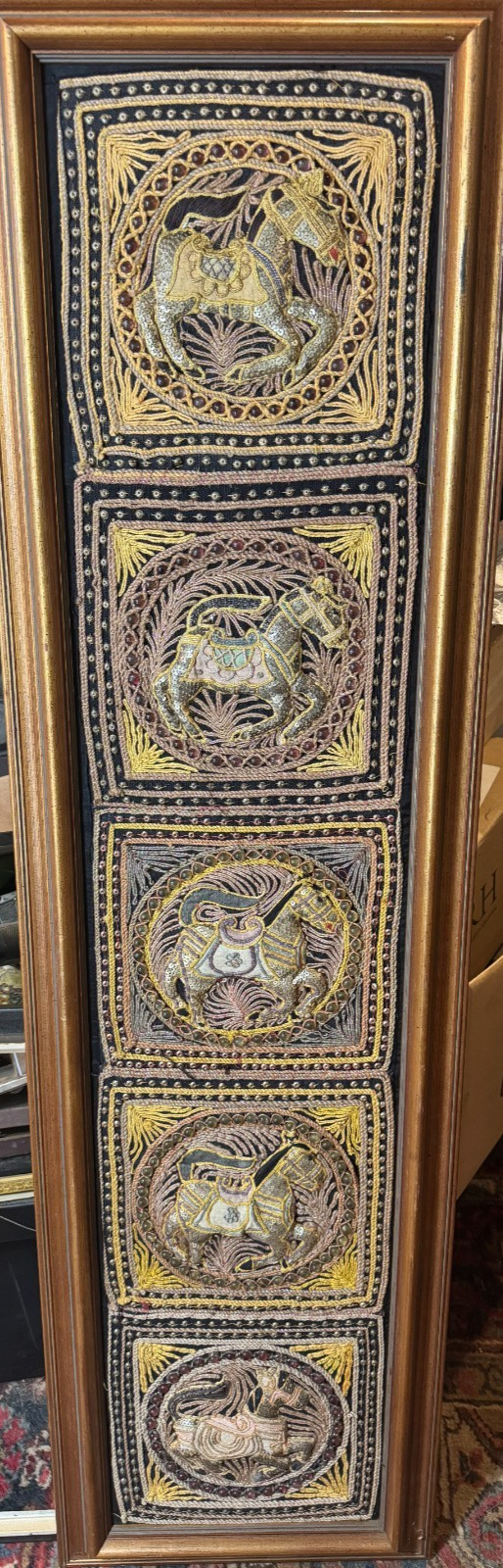 Huge Vintage Burmese Embroidered And Beaded Kalaga With 5 Horse Panels - Framed