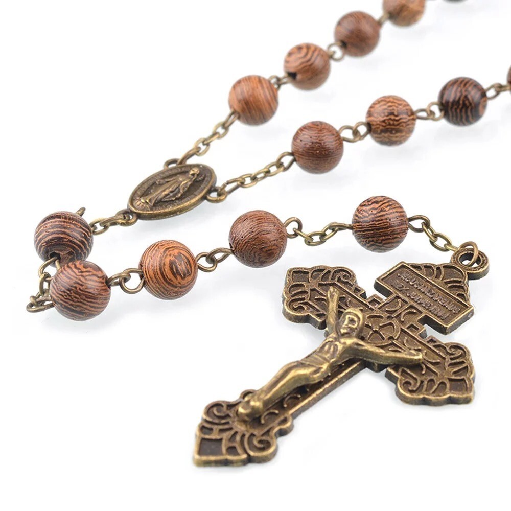 Catholic antique bronze rosary Virgin Mary center piece and pardon crucifix