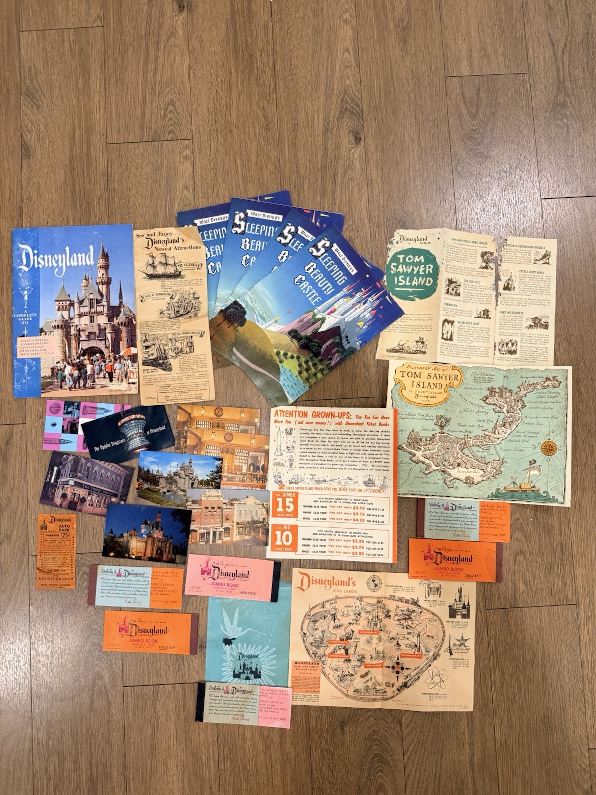 VTG 1957-58 Disneyland 26 Pc Lot Jumbo Ticket Books Tom Sawyer Island Guide Maps