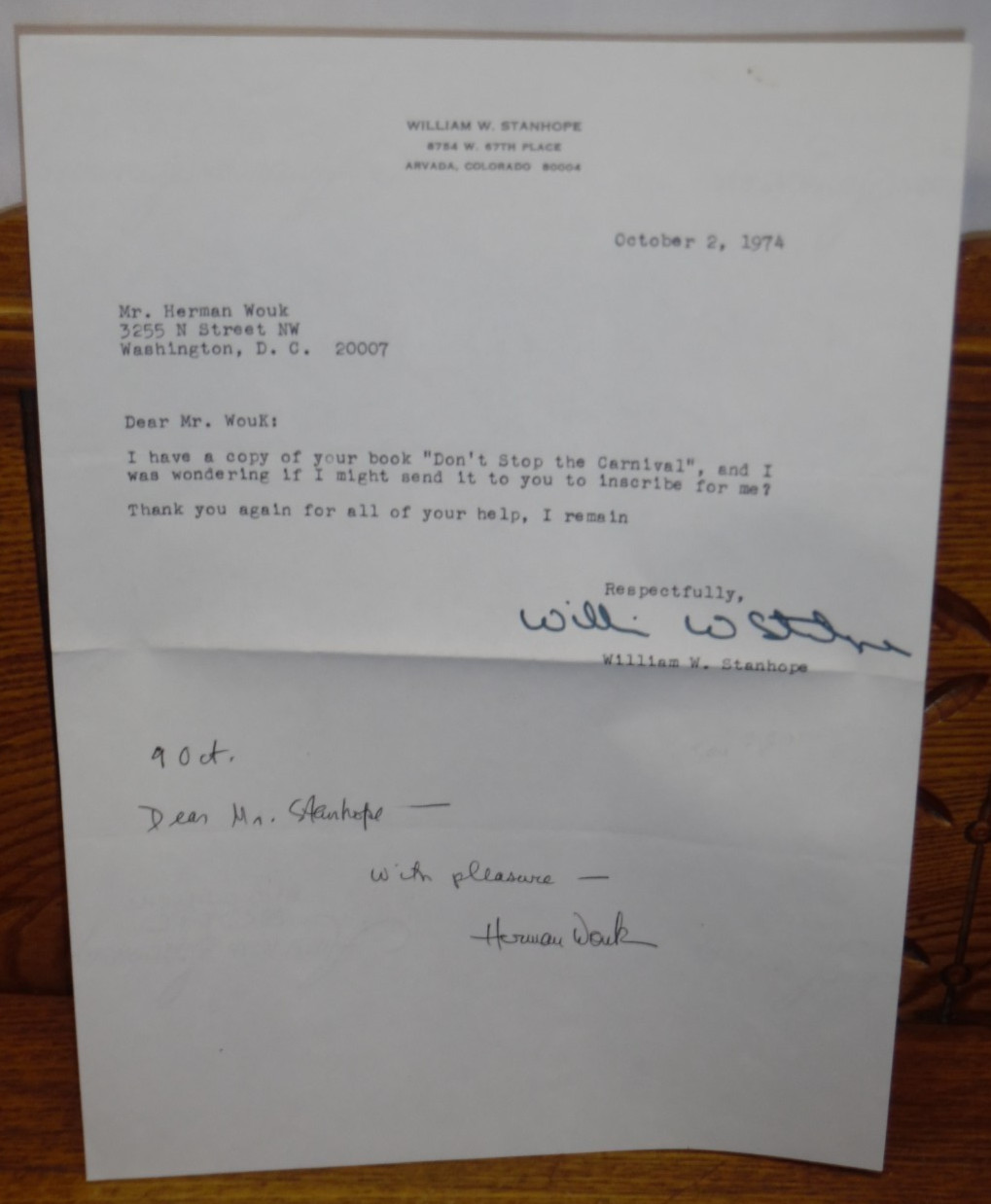 1974 American Author Herman Wouk Autograph & Note