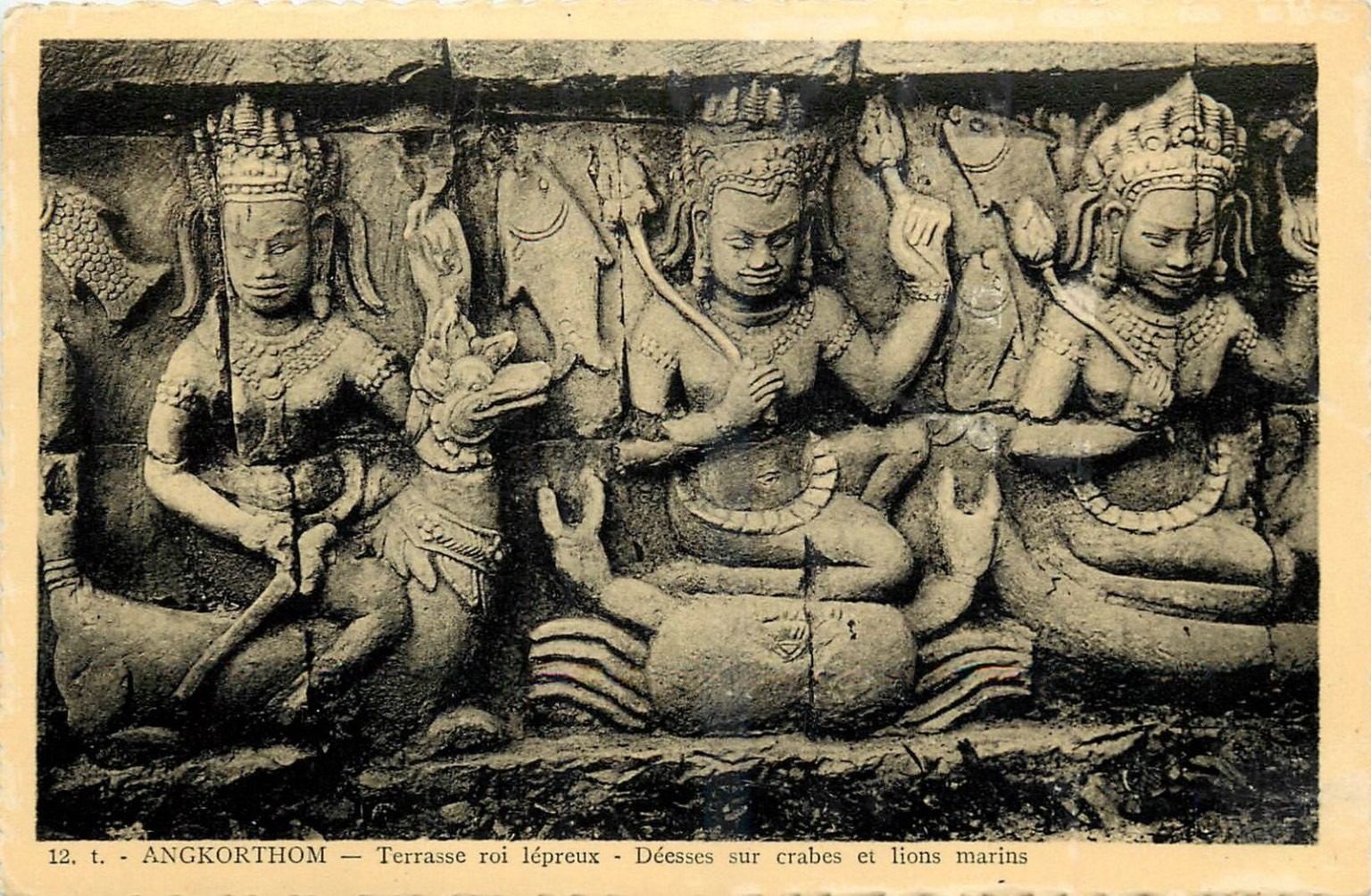 Angkor Thom Terrace of Leper King Goddesses Cambodia Postcard 1930s