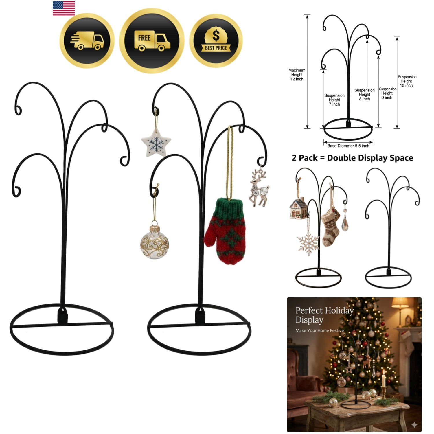 Ornament Display Stand 12 Inch 2 Pack 4-Arm Metal Ornament Holder for Christm...