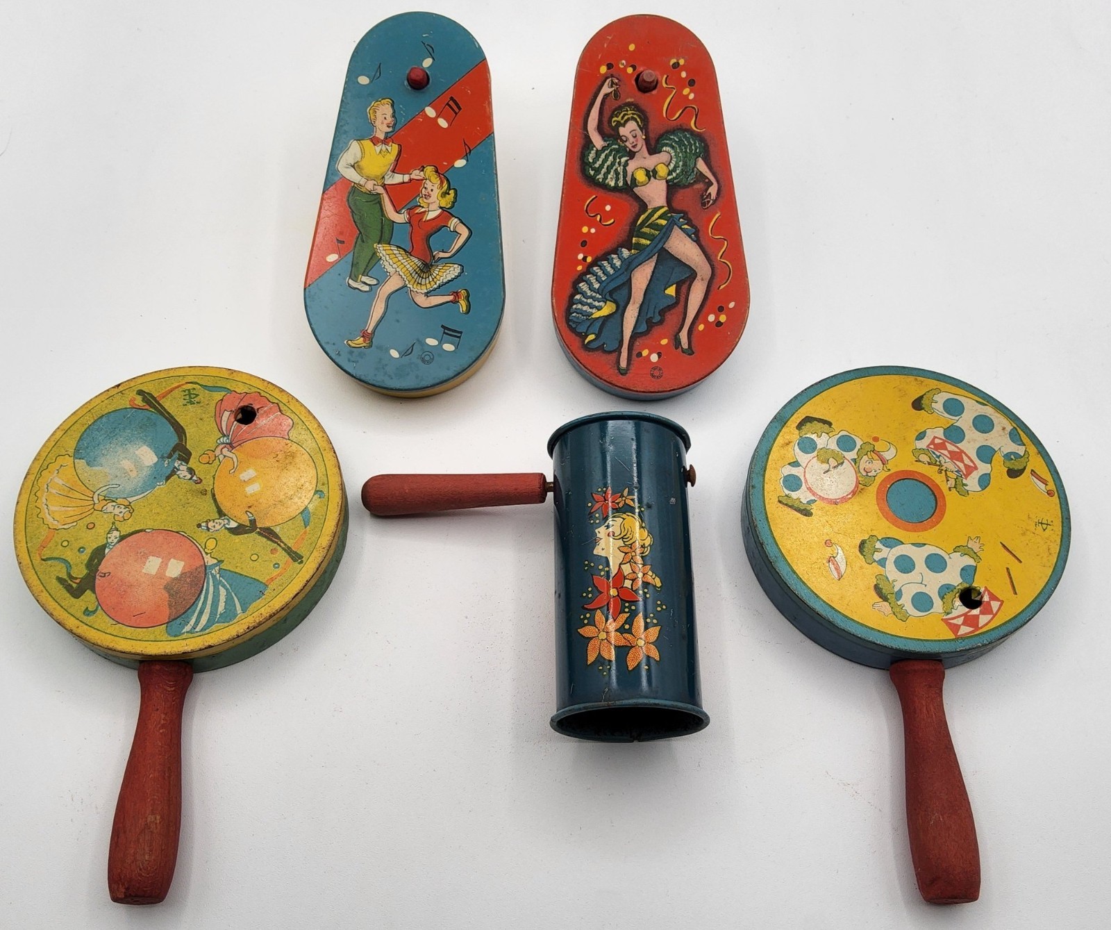 5 Vintage 1930's-1950's Tin Litho T Cohn  Crank Ratchet & Rattle Noisemakers Lot