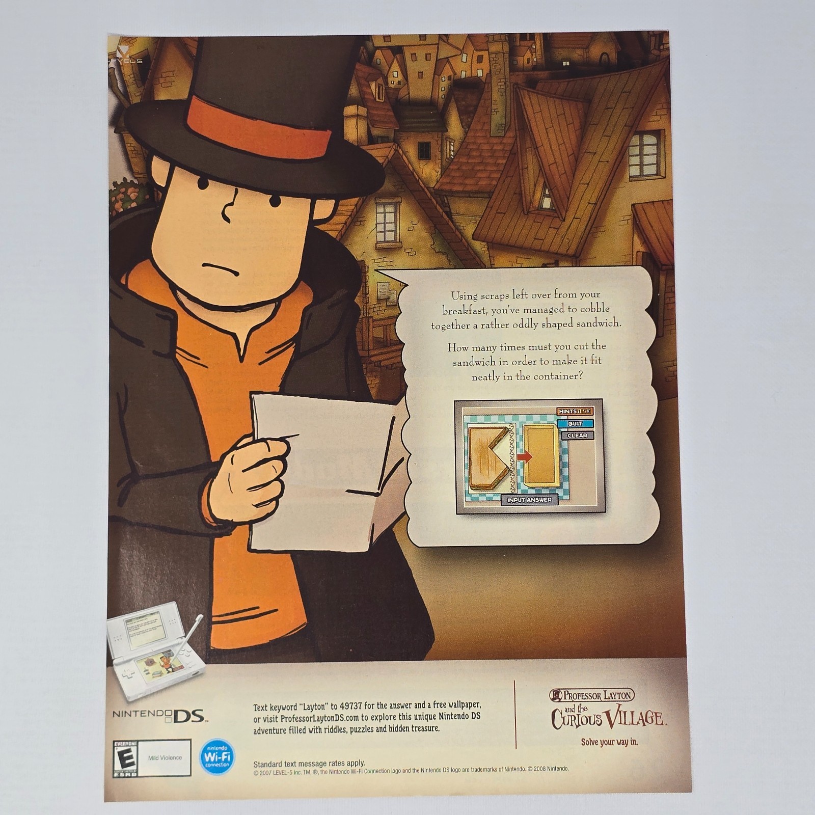 Professor Layton And The Curious Village Nintendo Ds NDs Hints Print Ad/Poster