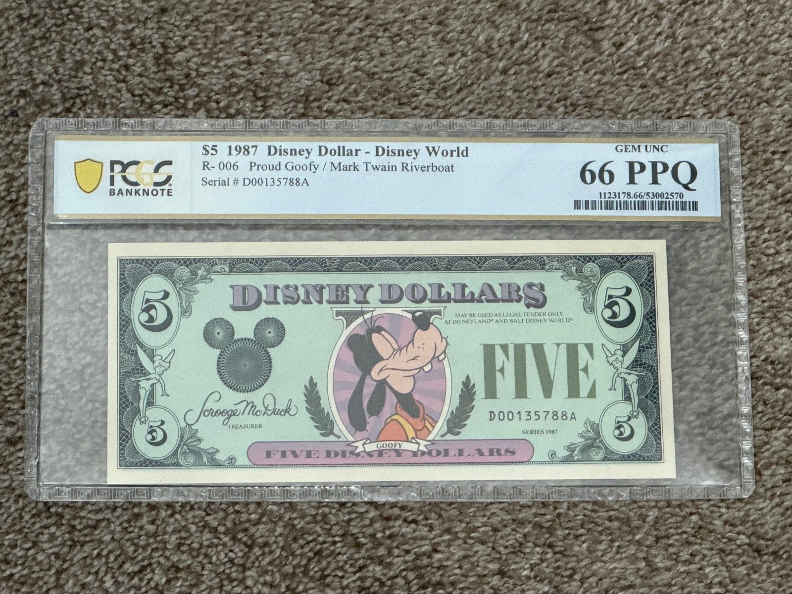 1987 $5 Disney Dollar Goofy Disney World R-006 Graded PCGS 66 PPQ Gem Unc