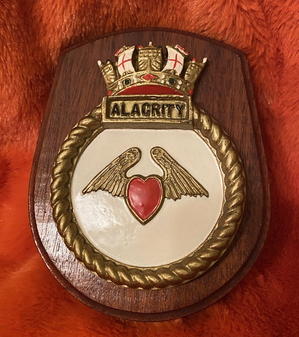 Royal Navy H.M.S. Alacrity Engraved Wooden Crest British United Kingdom U.K.
