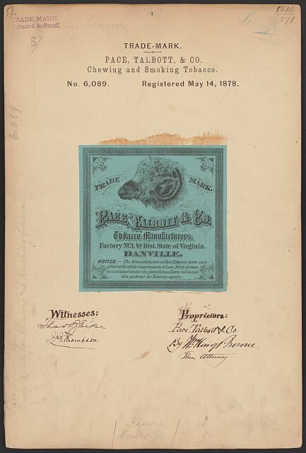 Photo:Danville Virginia 1878 Pace Talbott & Co Ram Tobacco Trade Mark