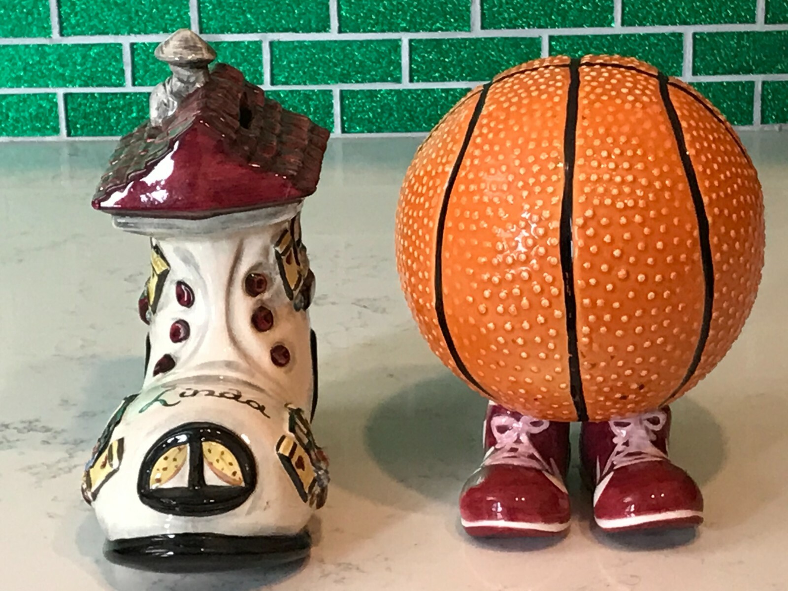 2 Vintage Ceramic Porcelain Piggy Banks: Old Lady Shoe & Footed Basketball 