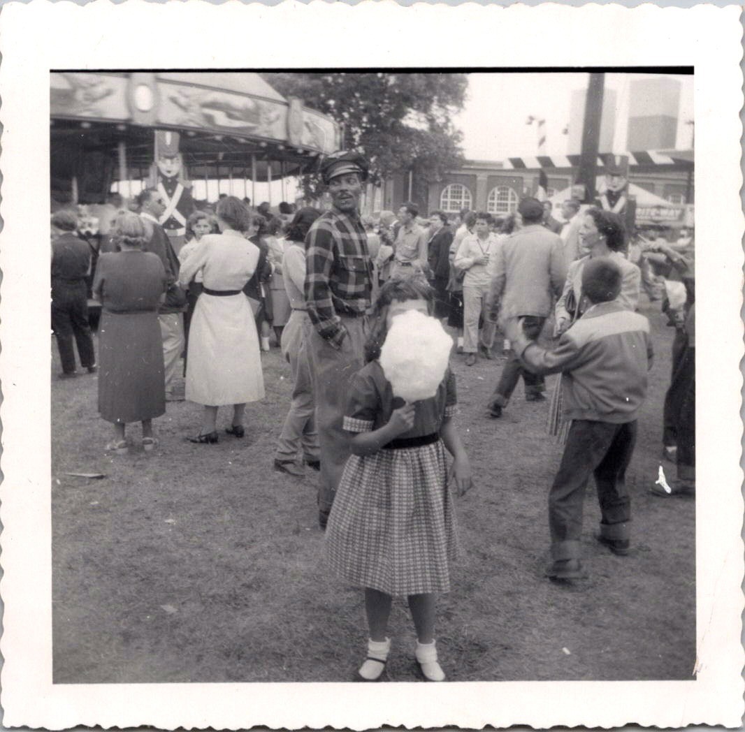 Vintage 1953 Springfield Fair Photo - Girl Eating Cotton Candy, Man in Uniform