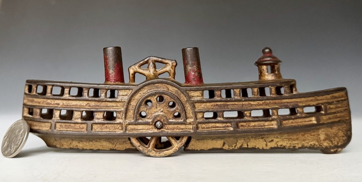 Antique AC Williams Gold-Painted Cast Iron Still Penny “Steamboat” Bank (M#1459)