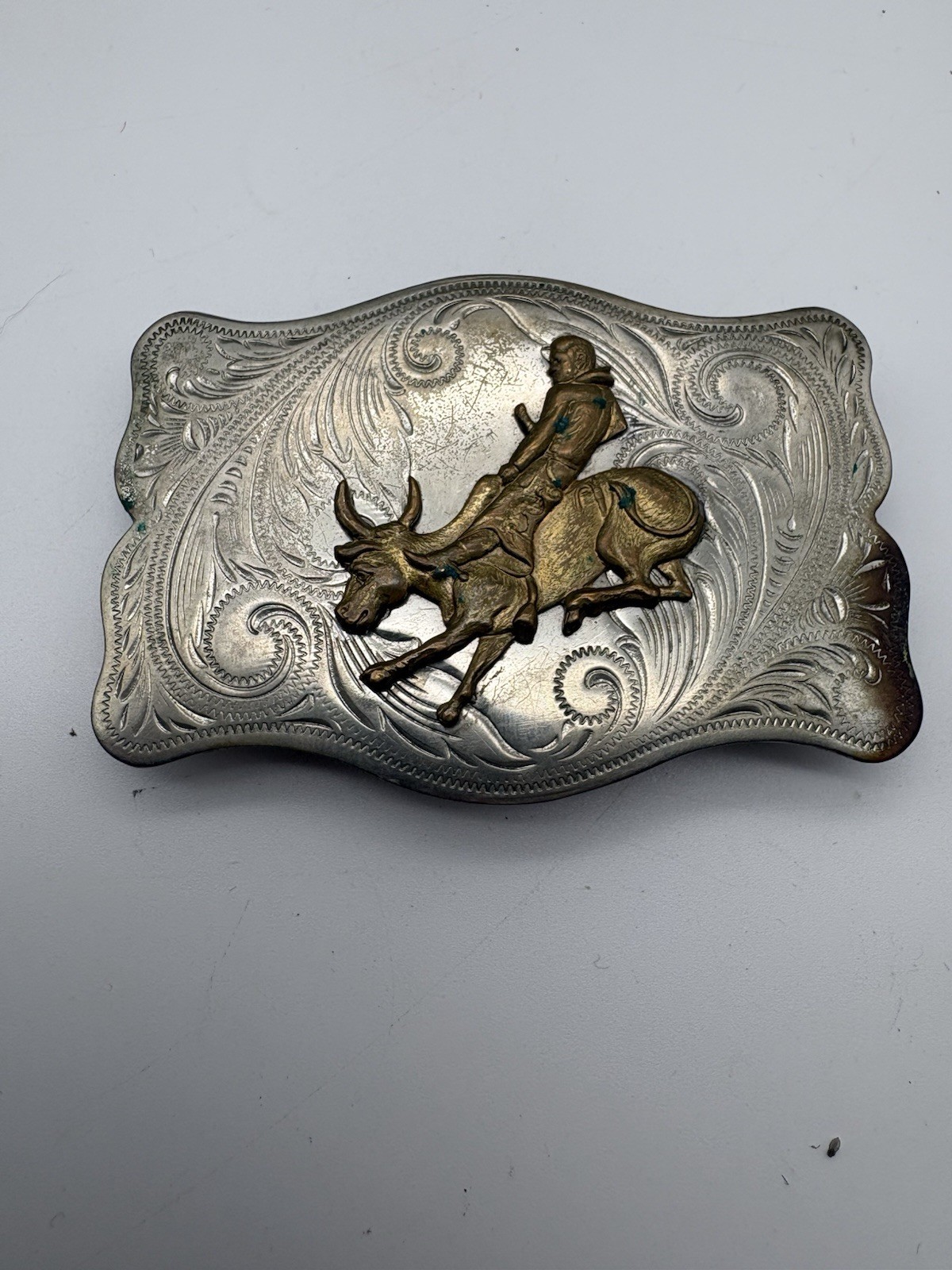 Vintage Cowboy Nickel Silver Bull Riding Belt Buckle