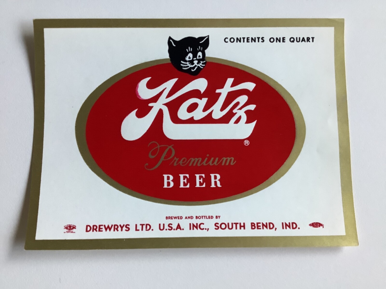 KATZ BEER LABEL, DREWRYS BREWING CO VINTAGE 1960s BLACK KITTY CAT HALLOWEEN 