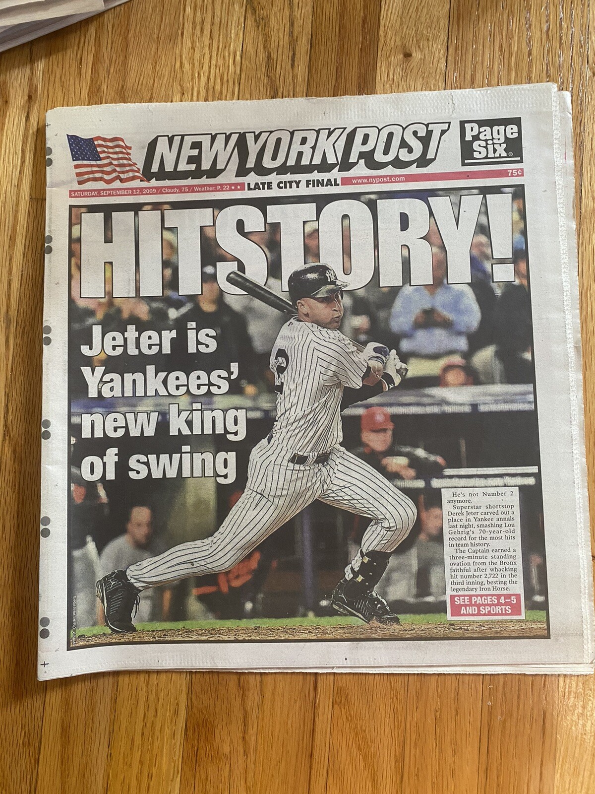 NY Post Newspaper 9/12/2009 NY Yankees Derek Jeters Breaks Hit Record Hitstory