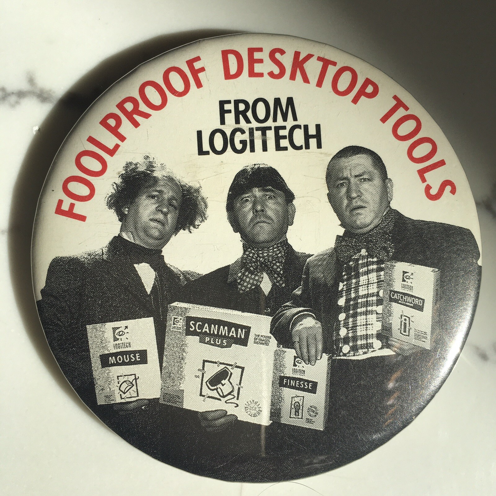 THE THREE STOOGES Pinback Button Vintage 70\'s Foolproof Desktop Tools Logitech