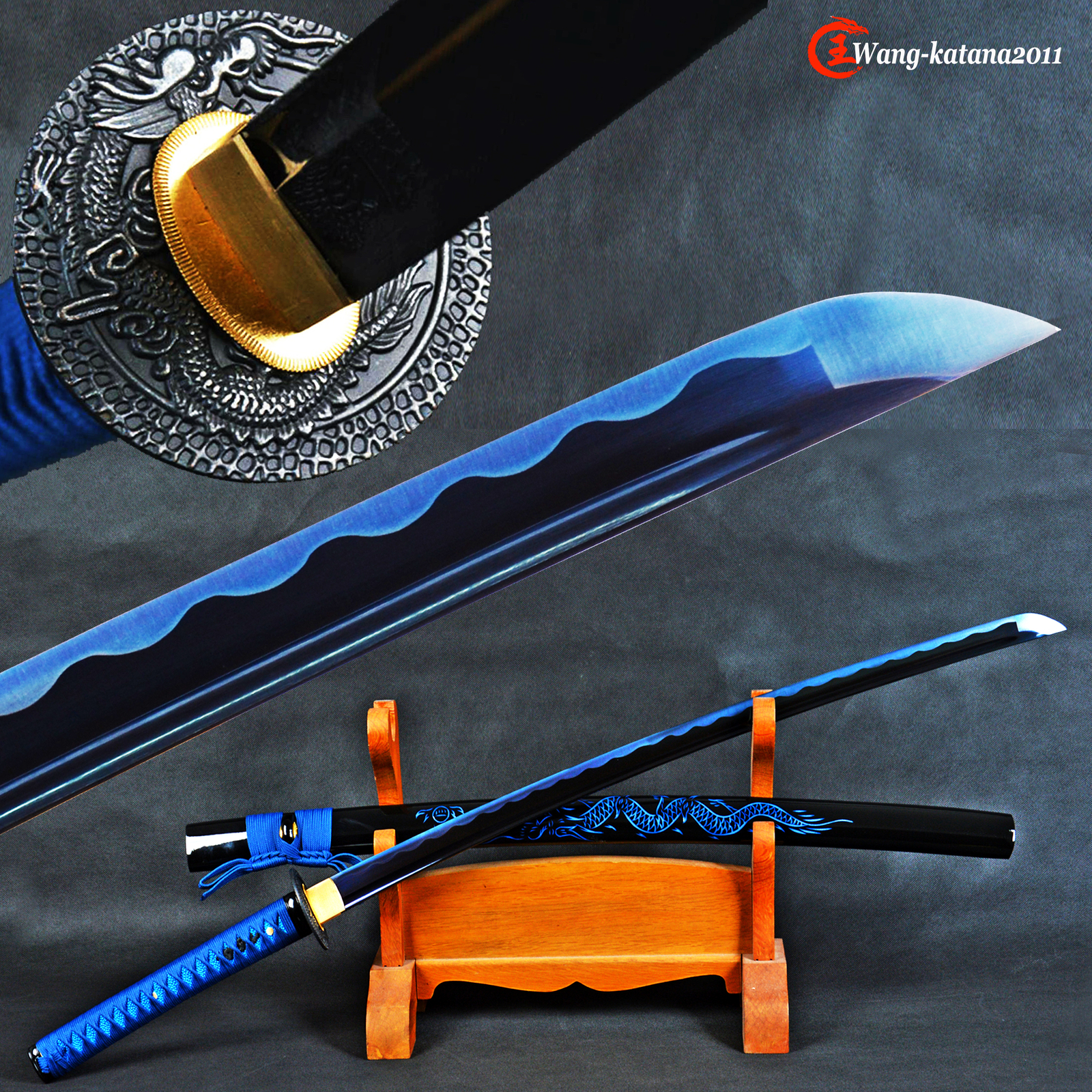 All Blue Full Tang Sharp Japanese Samurai Katana Sword 1095Steel Dragon Sheath