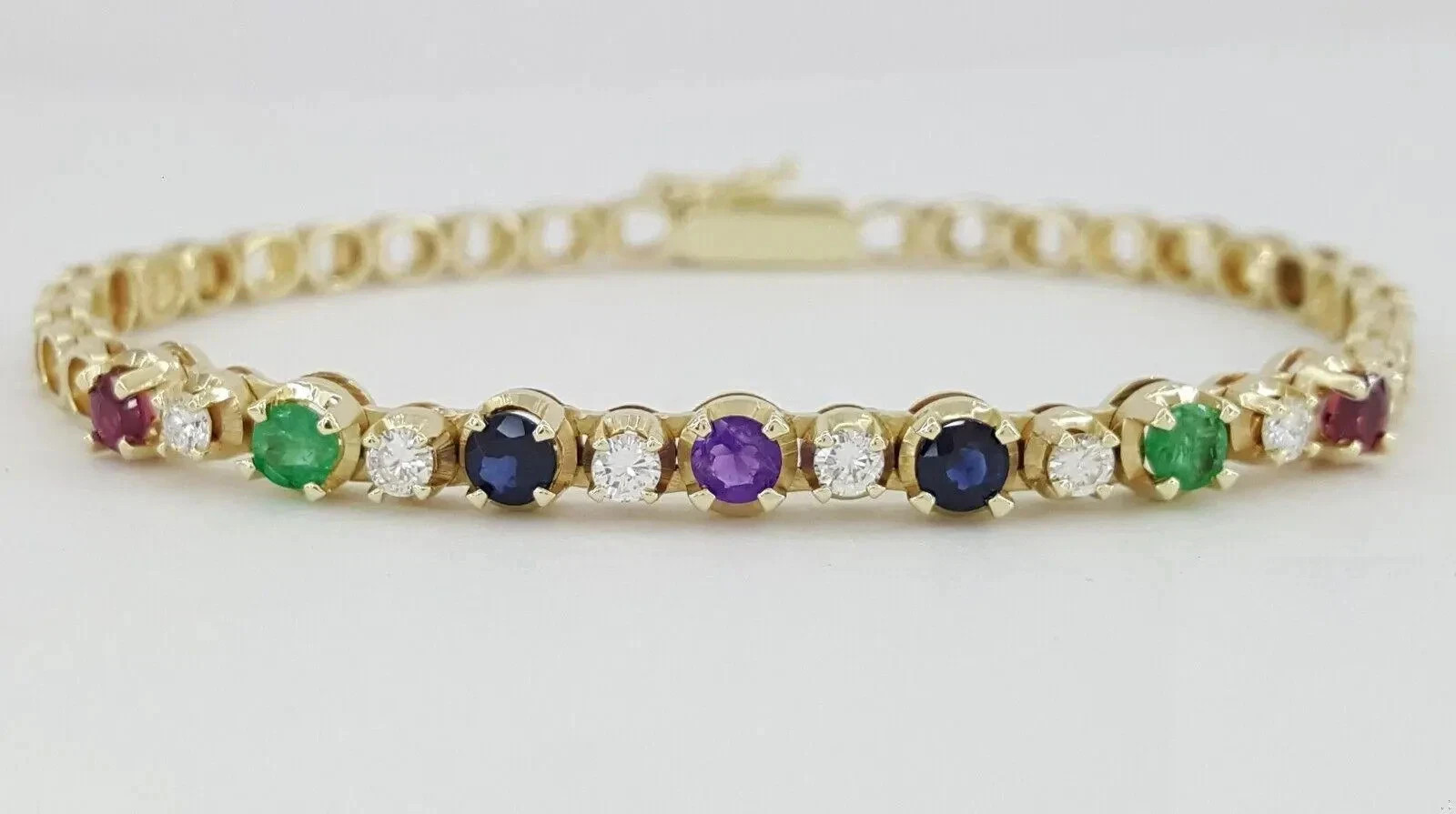 Diamond Ruby Emerald Sapphire Amethyst Tennis Bracelet 14K Yellow Gold Over 7\