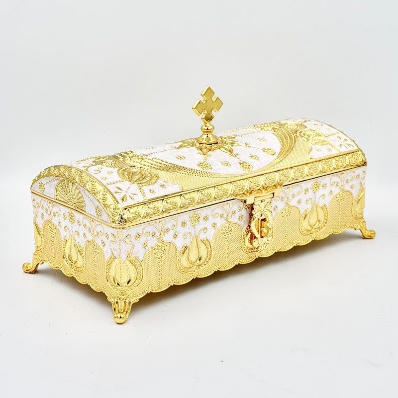 Orthodox Reliquary Box White Enamel Gold Tone Cross Velvet Church Casket
