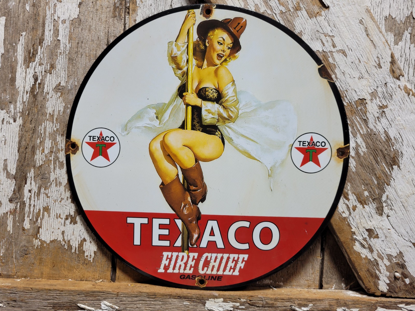 VINTAGE TEXACO PORCELAIN SIGN OLD FIRE CHIEF WOMAN GIRL FIREMAN TEXAS GAS USA