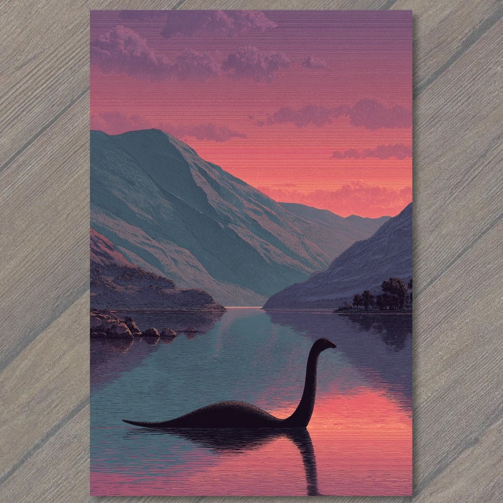 POSTCARD Loch Ness Monster Lake Sunset Mountains Pink Sky Cryptid Water