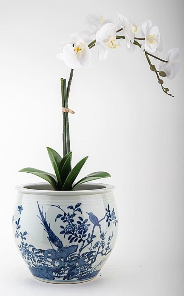 Blue, White Porcelain Fishbowl Chinoiserie Planter. Hand Painted Decoration-9
