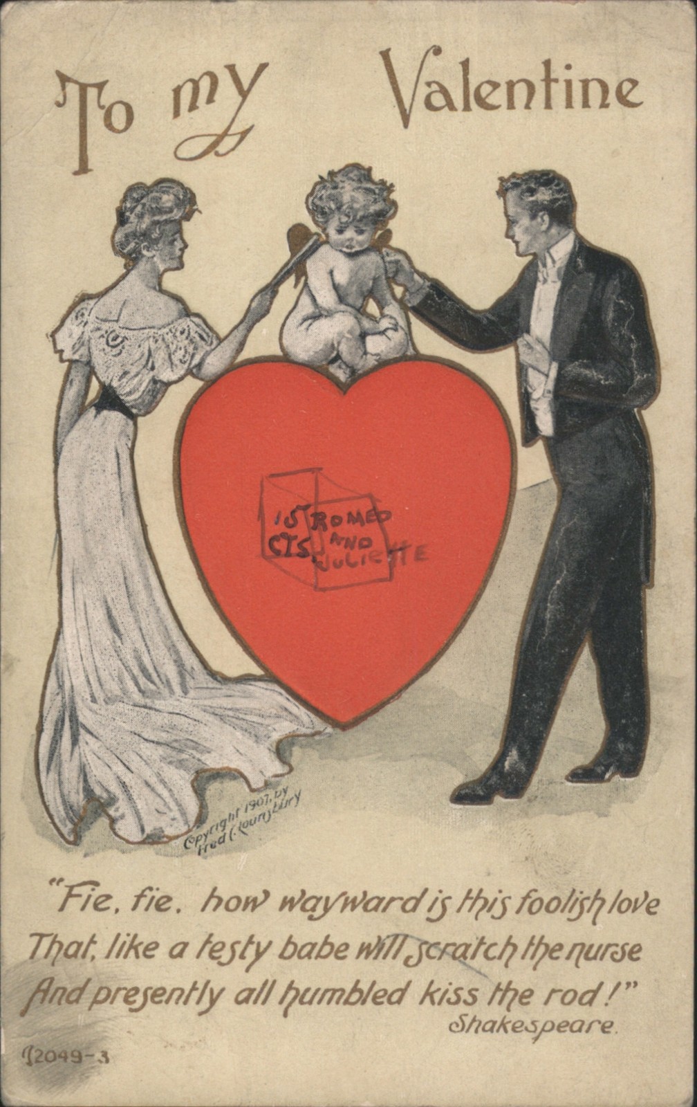 Fred C. Lounsbury My Valentine Couple with Cupid, Red Heart, Shakespeare Quote