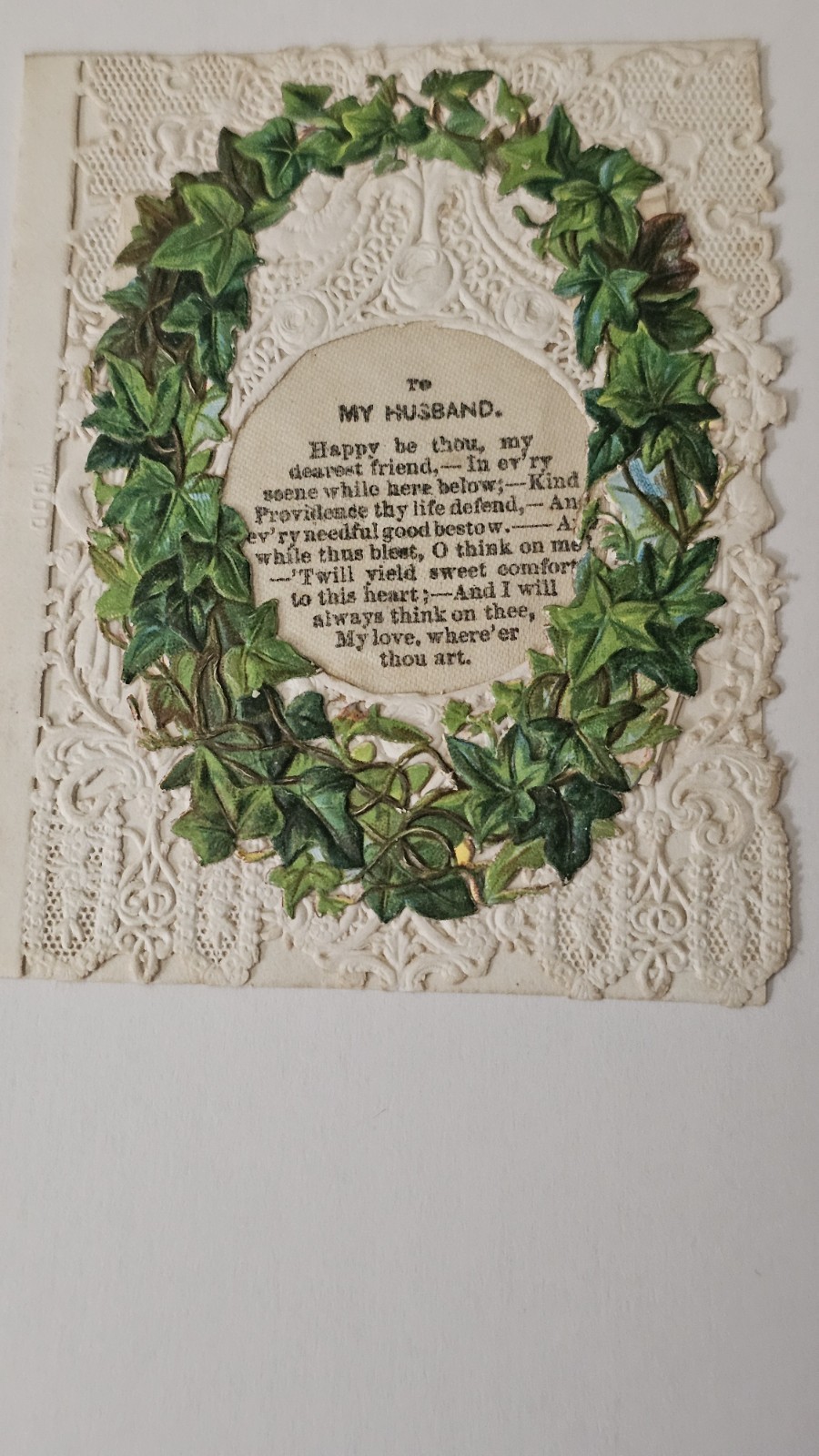 Antique Victorian Miniature Pop Up Mechanical Paper Lace Card Ivy To My Husband