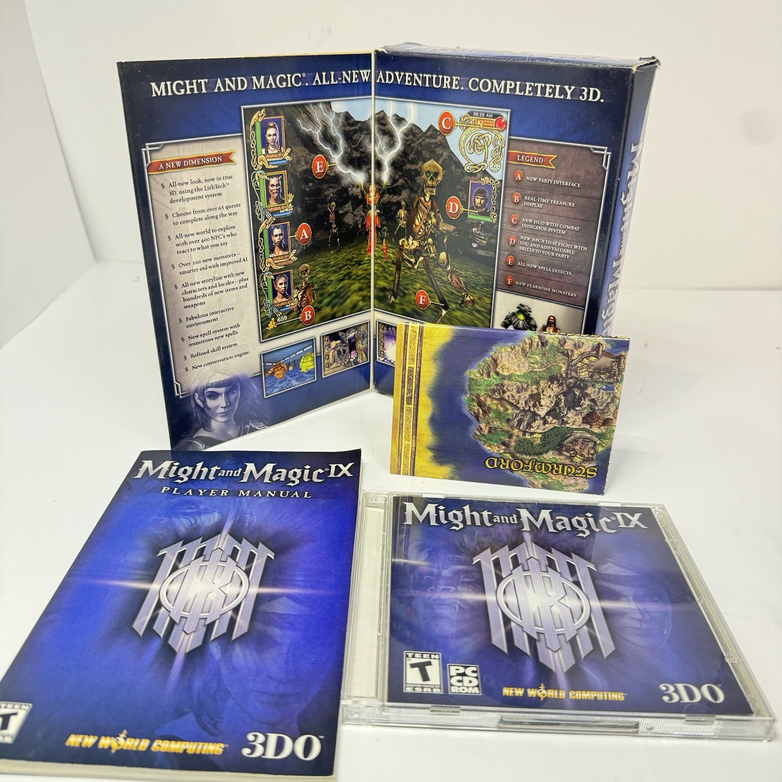 Might and Magic IX PC 2002 Big Box CIB 2 Disc Manual Unfolded Map 3DO