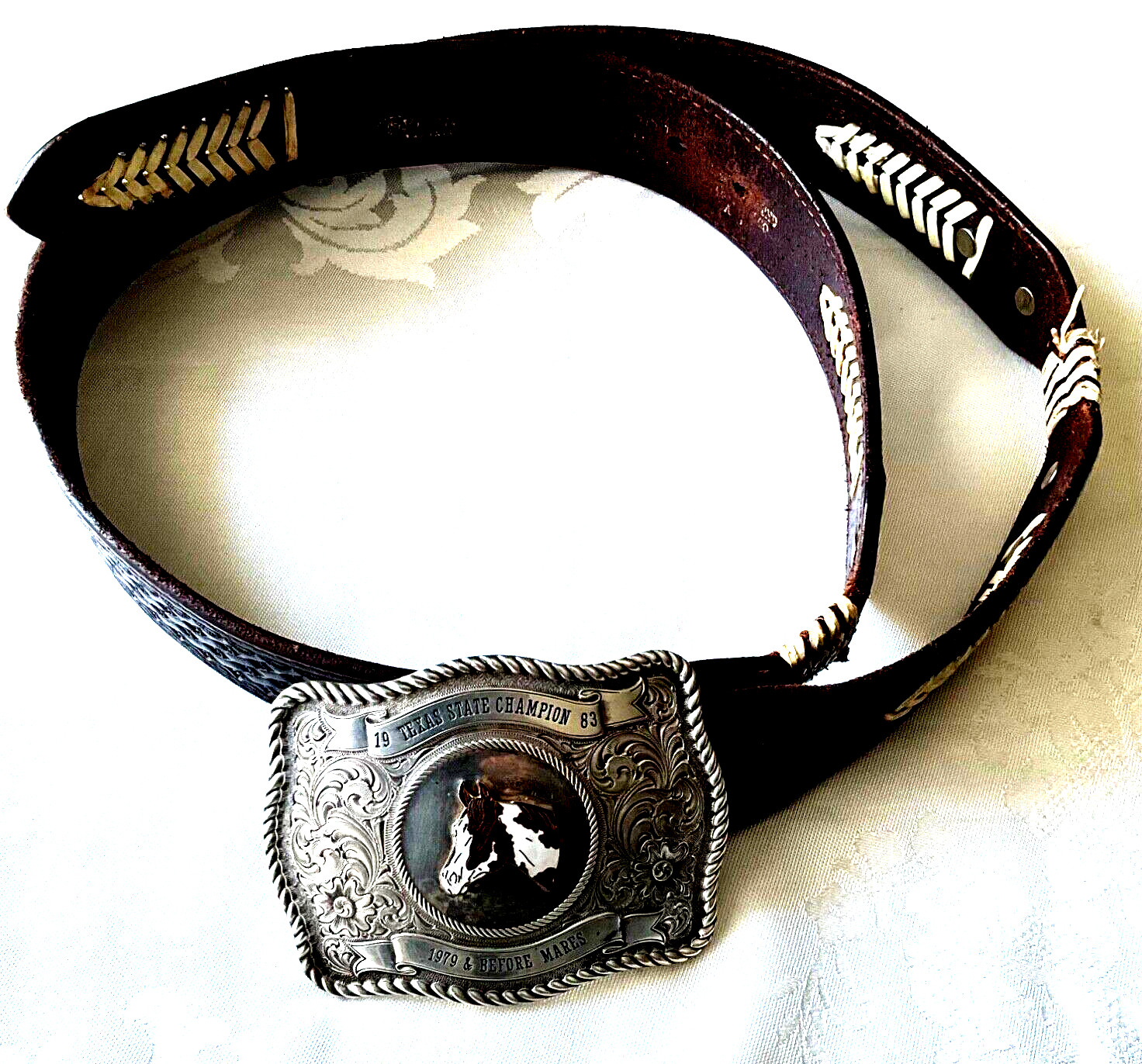 Belt/Buckle w/Sterling Silver Overlay Vtg 1983 Western Gist Texas Horse 42-46\