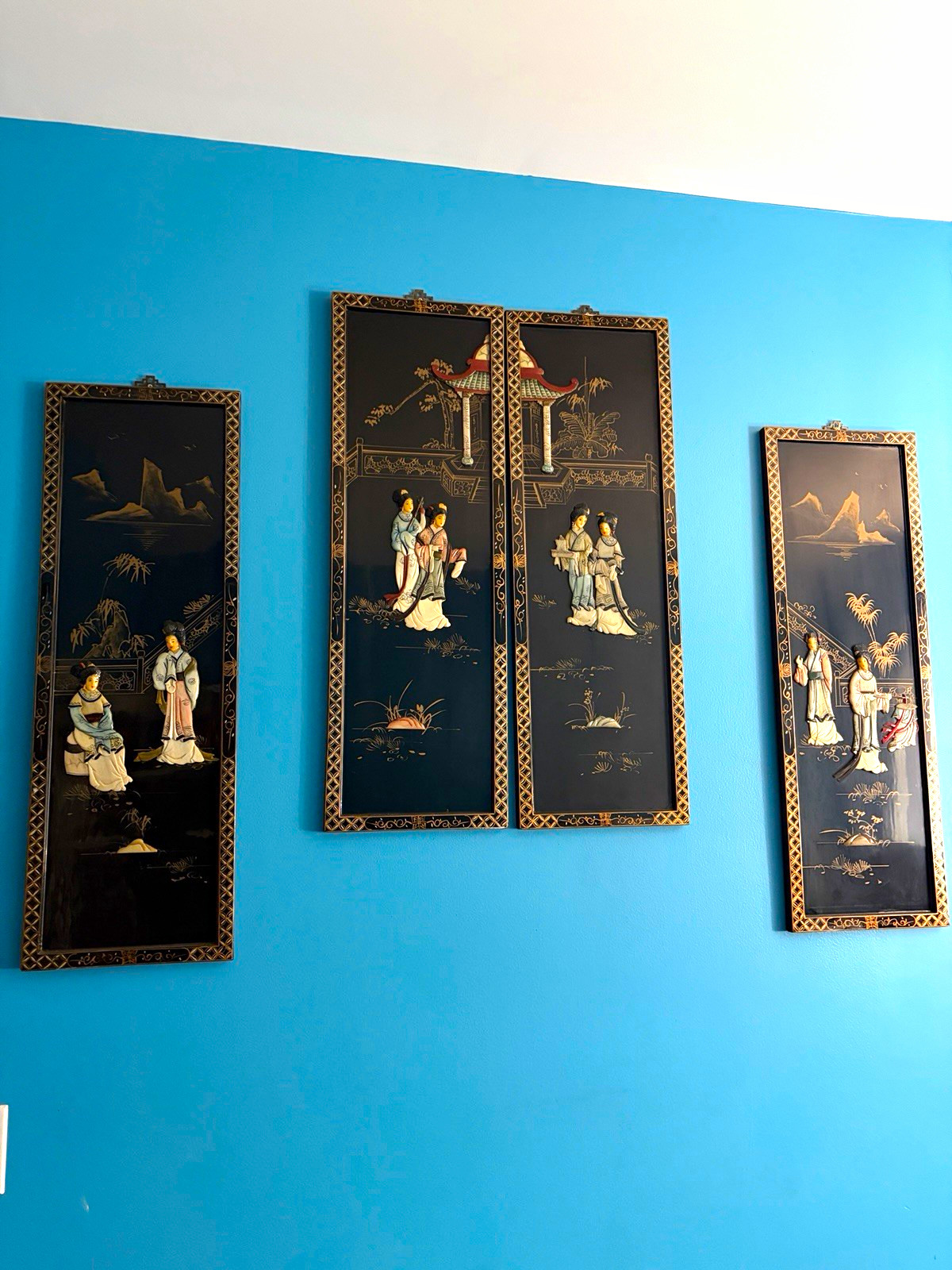 Beautiful Mid Century Chinese Black Lacquer Wall Panels Set of 4 Geisha in Lands