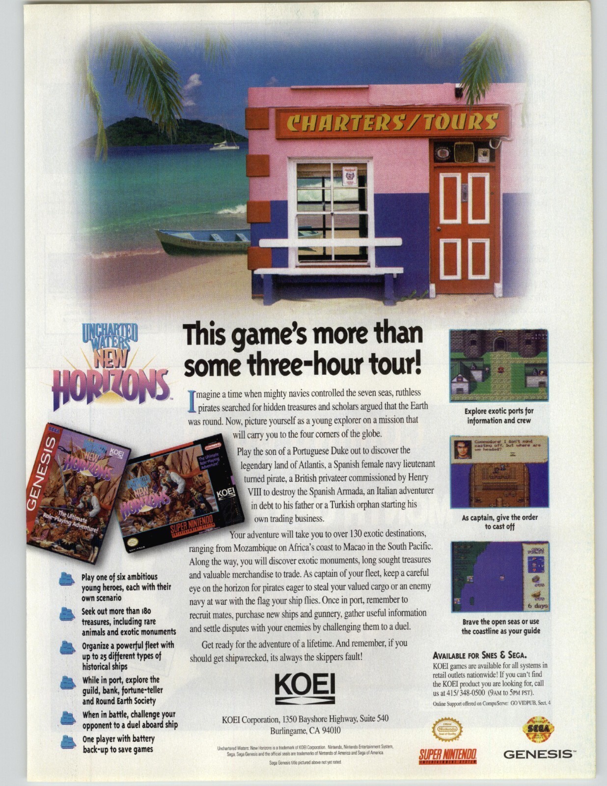 Uncharted Waters: New Horizons SNES Genesis 1994 Print Ad/Poster Official Art