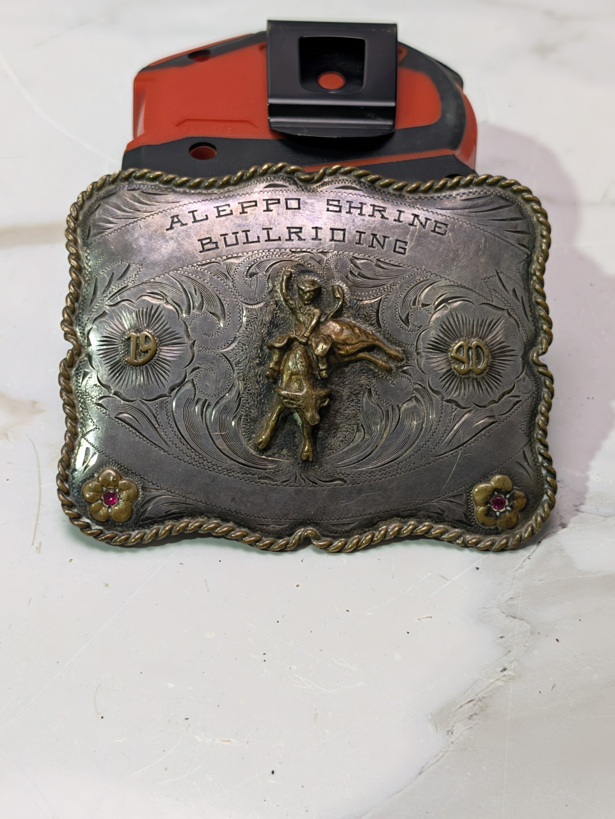 Vintage Sterling Silver Front Belt Buckle Aleppo Shrine Bullriding Trophy 1987 