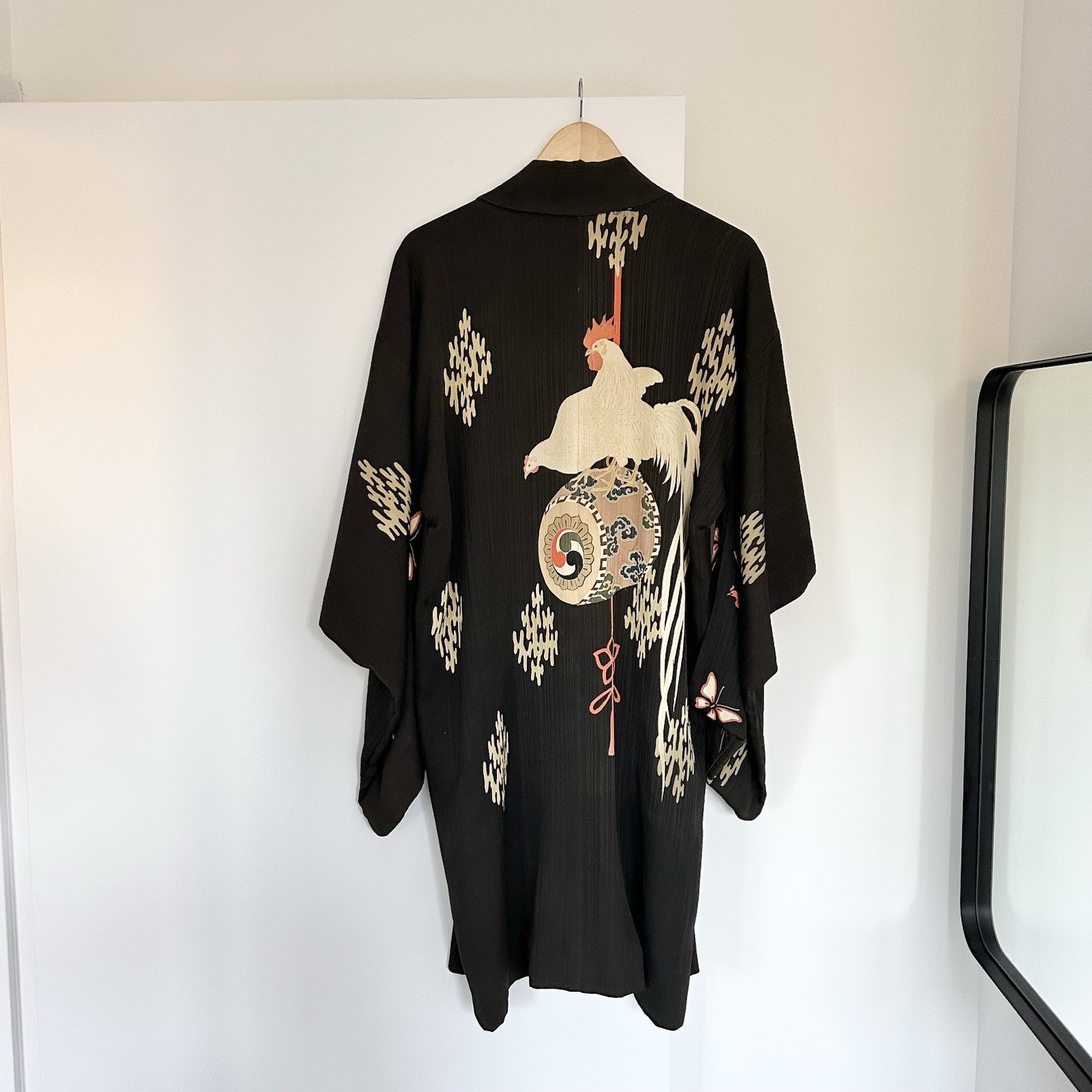 Vintage Japanese Kimono Rooster Night Morning Gown Dawn Robe Swan Floral Antique