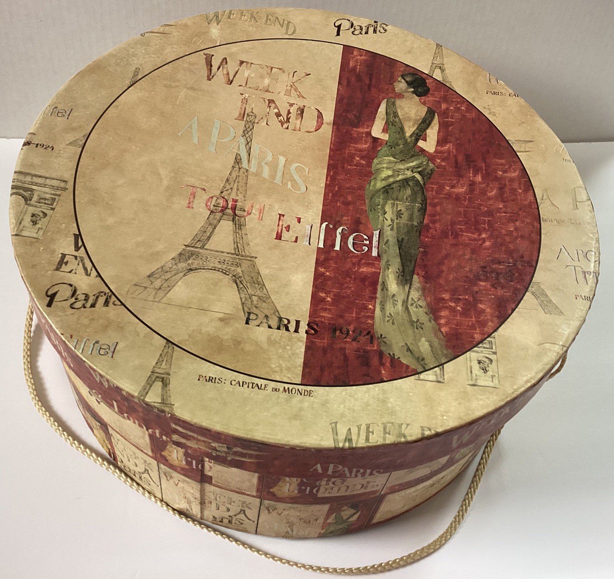 Vintage Retro 1924 Weekend Paris Tour Eiffel Tower Storage Lidded Hat Box 14” D