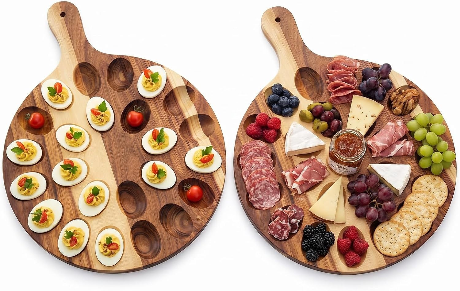 Deviled Egg Platter, 2-Pack Acacia Wood Egg Tray with 24 Holes, 15.7x11.8in