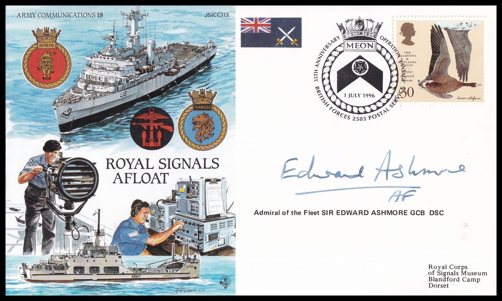 Admiral SIR EDWARD ASHMORE GCB DSC Signed RAF CC13c Royal Signals Afloat Cover