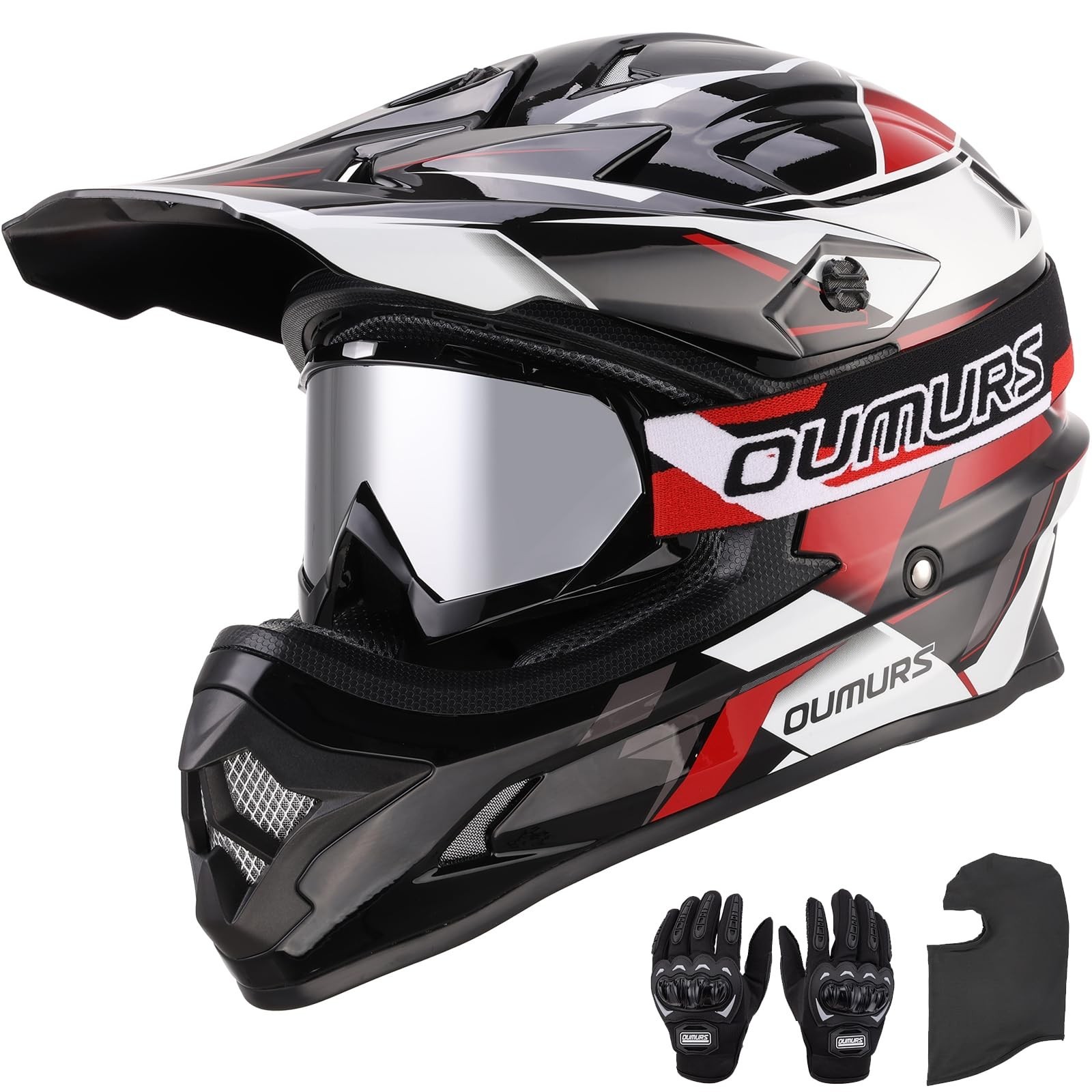 OUMURS DOT Adult ATV Dirt Bike Helmet with Goggles Gloves & Mask Adjustable S...