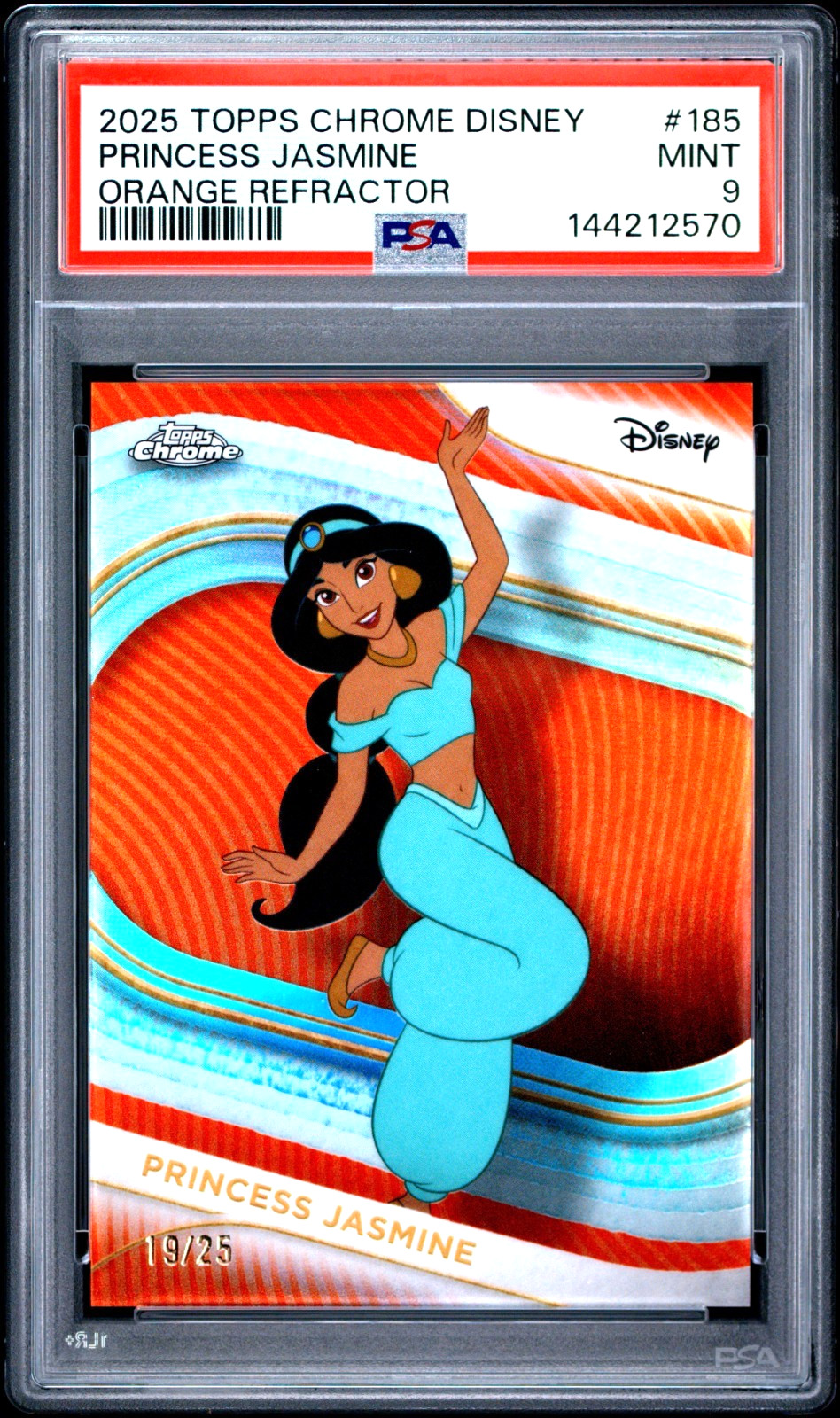 PSA 9 2025 Topps Chrome Disney Princess Jasmine #185 True Orange Refractor /25