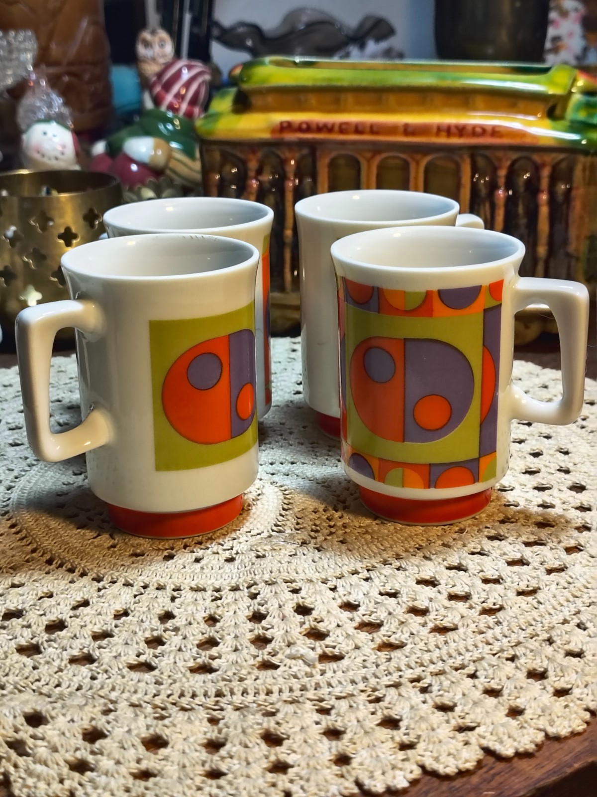 Vtg.1970s Japan Pedestal Mugs Set Of 4 Mod Geometric Yin Yang Coffee Cups MCM