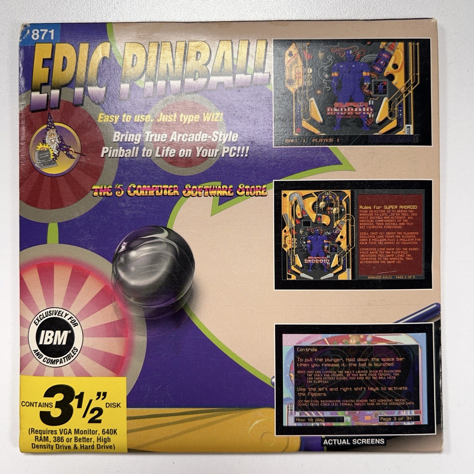 VTG NOS Epic Pinball Shareware PC Game 3.5” Disk Wiz Technology NEW SEALED