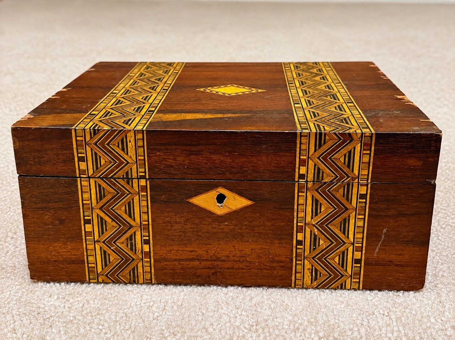 Antique 19thC Victorian Tunbridge Ware Wood Glove Box Parquetry Lillian Holmes