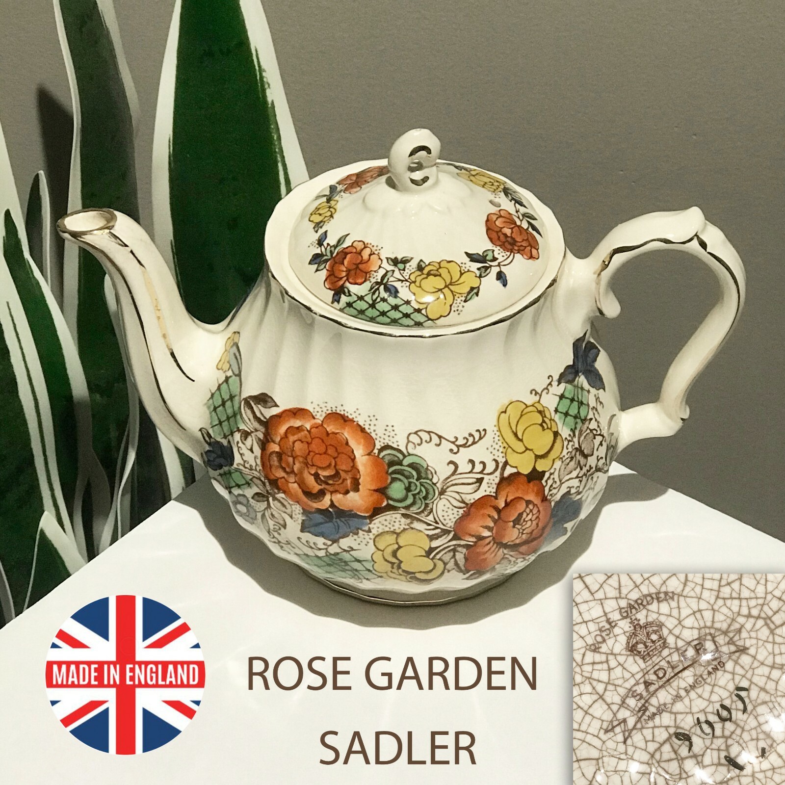 Rose Garden SADLER Pedestal Teapot Red Blue Yellow Green And Gold - England