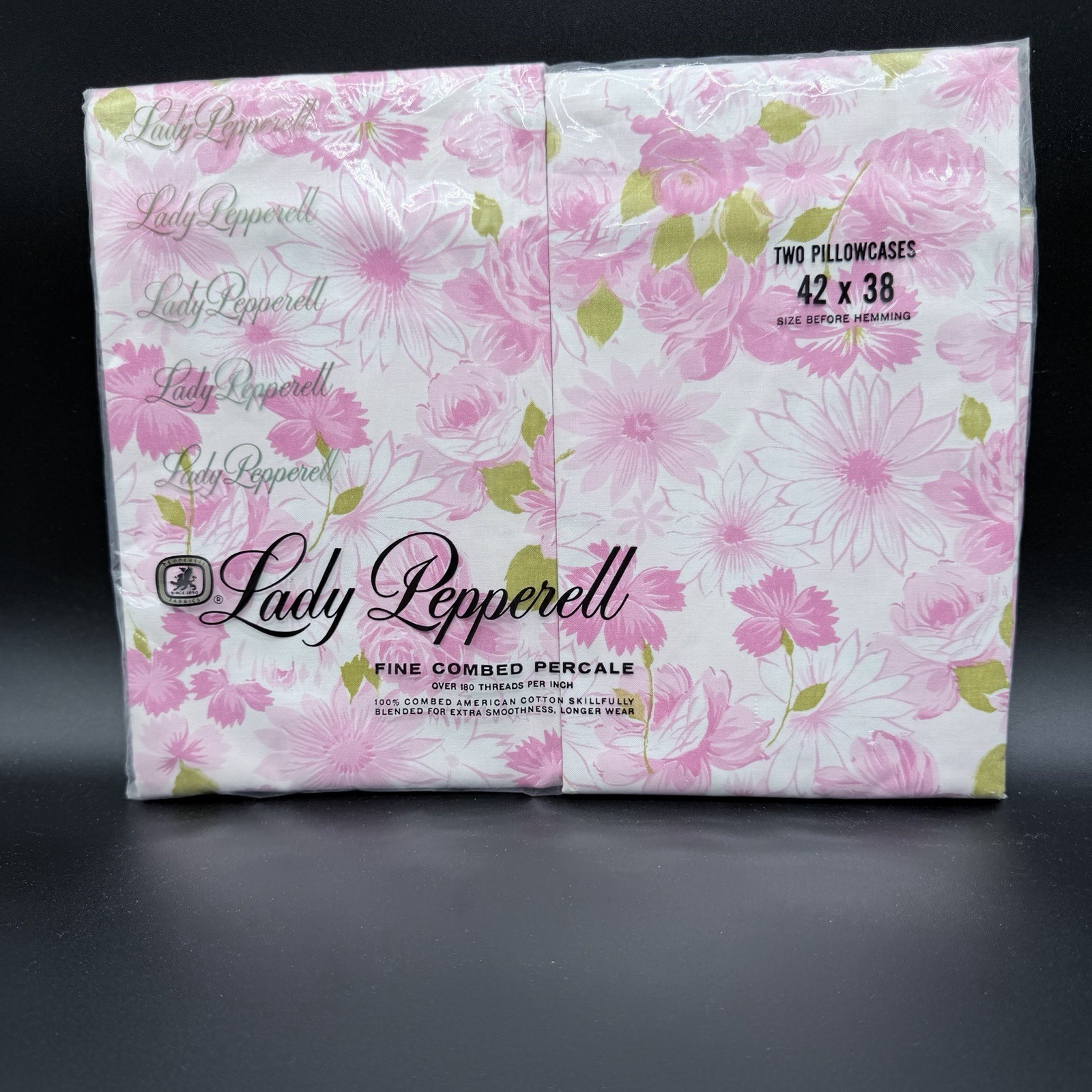 VTG 60’s NOS LADY PEPPERELL TWO PILLOWCASES PINK FLOWERS FINE COMBED PERCALE